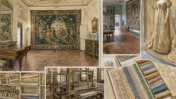 Original documentary watercolour of Palazzo Mansi rooms, textiles, looms and ceremonial dress