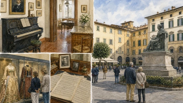 Original documentary watercolour of Puccini's birth home museum and Piazza Cittadella