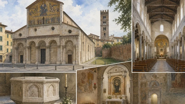 Original documentary watercolour of San Frediano facade, nave, font and devotional chapel