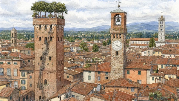 Original documentary watercolour of Guinigi Tower, Clock Tower and Lucca rooftops