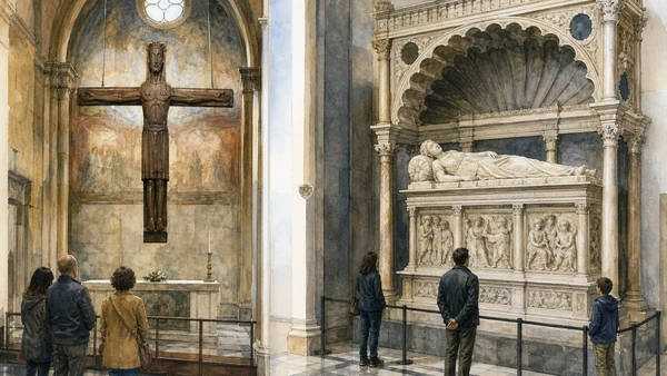 Original documentary watercolour of the Holy Face chapel and Ilaria del Carretto monument