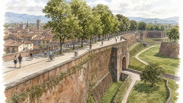 Original documentary watercolour of Lucca's brick walls, bastions and public promenade
