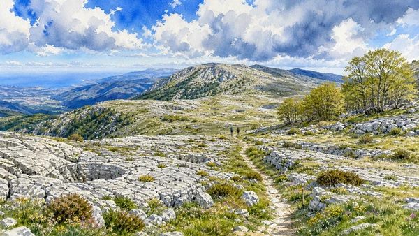 Zingaro, Madonie and Nebrodi: Sicily Beyond the Coast Road 12 Documentary watercolour of the Madonie karst plateau with limestone pavement, dolines, beech trees and a footpath toward Pizzo Carbonara
