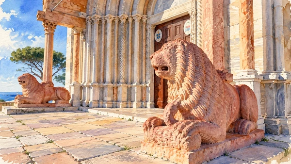 Watercolour: Porch detail and red stone lions at San Ciriaco