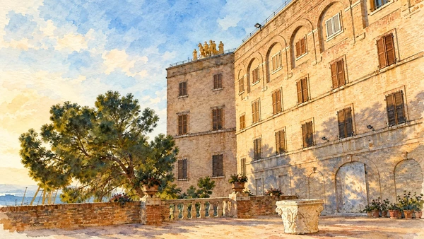 Watercolour: Exterior of Palazzo Ferretti, home of the archaeological museum