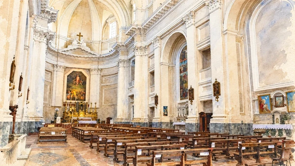 Watercolour: Interior nave and altar at San Francesco alle Scale