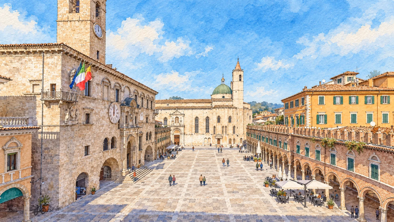 Watercolour: Ascoli Piceno establishing view