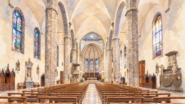 Watercolour: Interior of the church of San Francesco in Ascoli Piceno