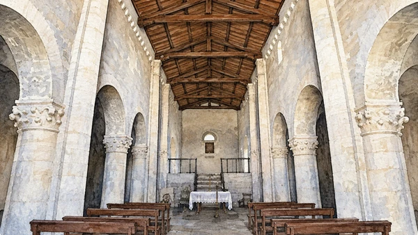 Watercolour: Stone nave and timber roof of San Pietro al Conero