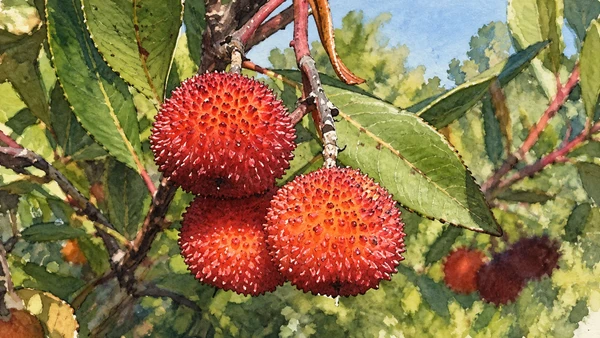 Watercolour: Strawberry-tree fruit and leaves, a botanical detail of Conero vegetation