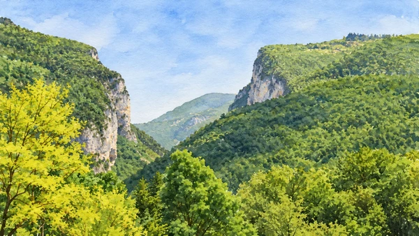 Watercolour: Wooded limestone walls in the Frasassi gorge landscape
