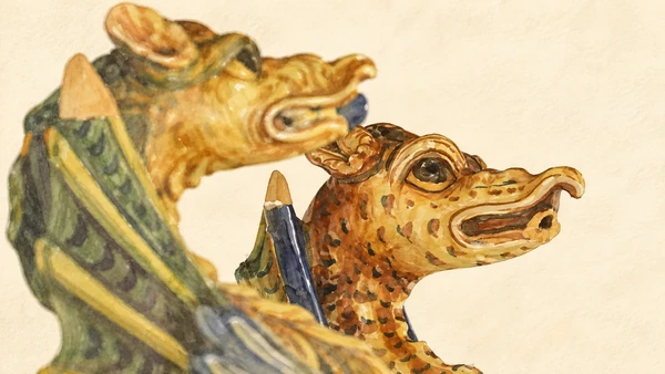 Watercolour: Ceramic animal-head handles on pharmacy jars in the Loreto collection