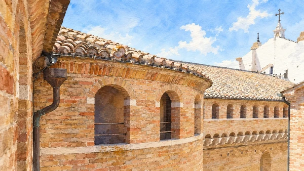 Watercolour: Brick rampart arcade at the Loreto sanctuary