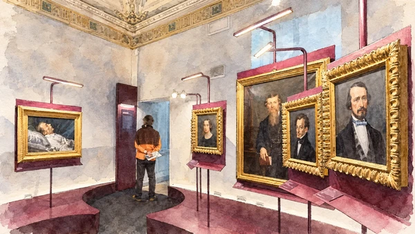 Watercolour: Gallery display at Villa Colloredo Mels, Recanati