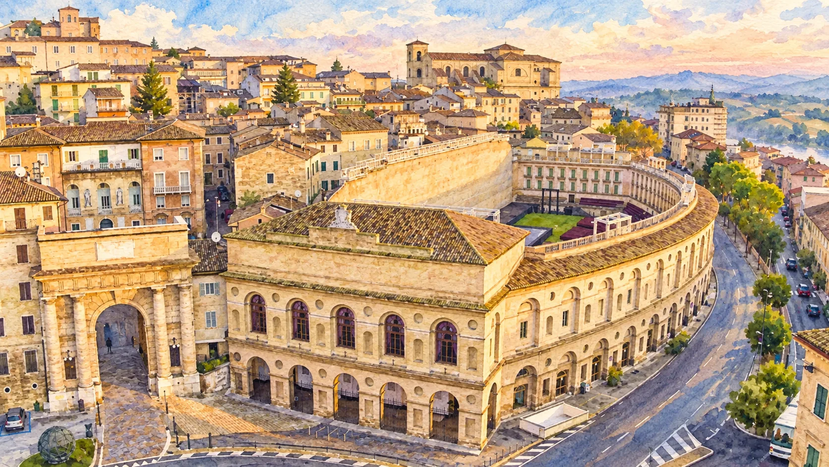 Watercolour: Macerata and Recanati establishing view