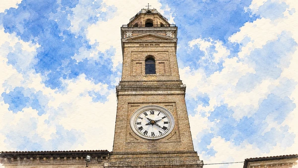 Watercolour: The clock and belfry of Macerata’s civic tower seen from below