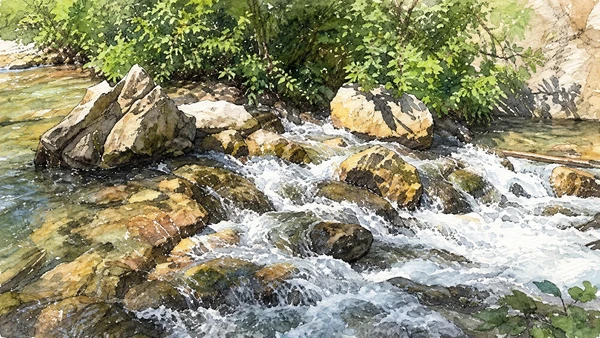 Watercolour: Water and rocks in the wooded Fiastrone stream