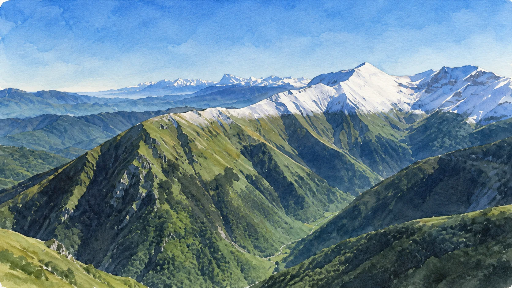 Watercolour: Sibillini Mountains establishing view