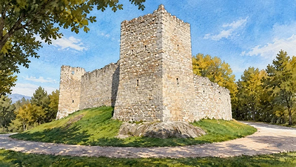 Watercolour: Stone fortification and tower at Montemonaco