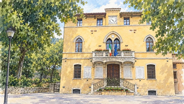 Watercolour: Ussita town hall interpreted from a historical photographic reference; not evidence of current conditions