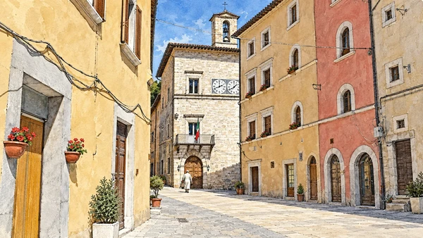 Watercolour: Visso streetscape interpreted from a historical photographic reference; not evidence of current conditions