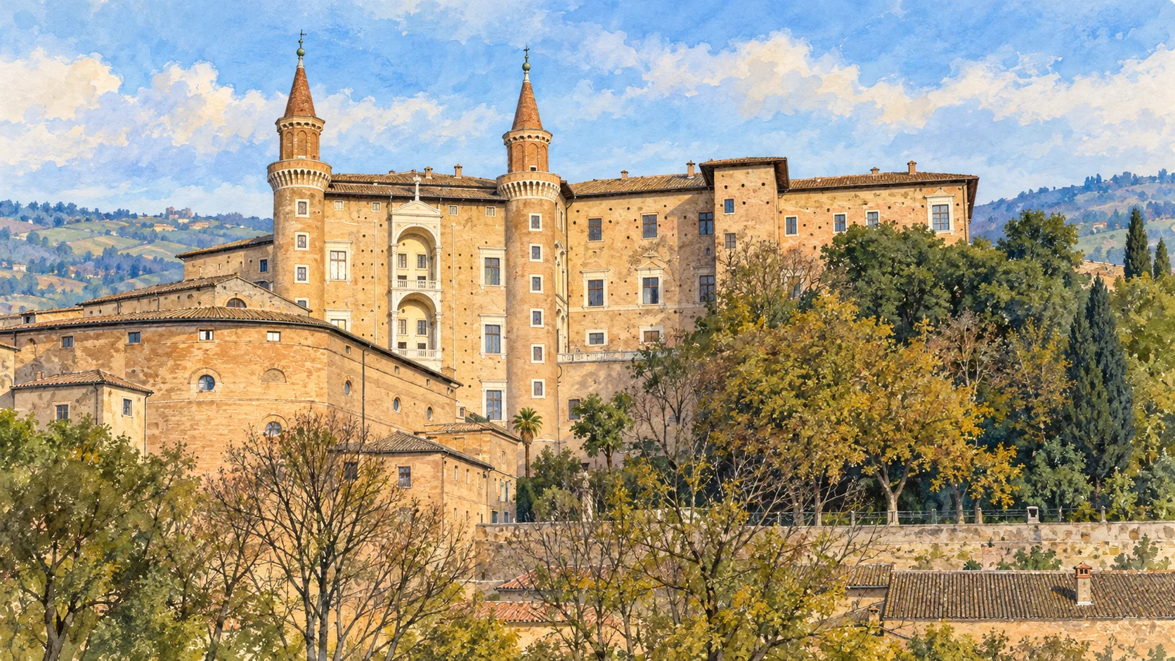 Watercolour: Urbino establishing view