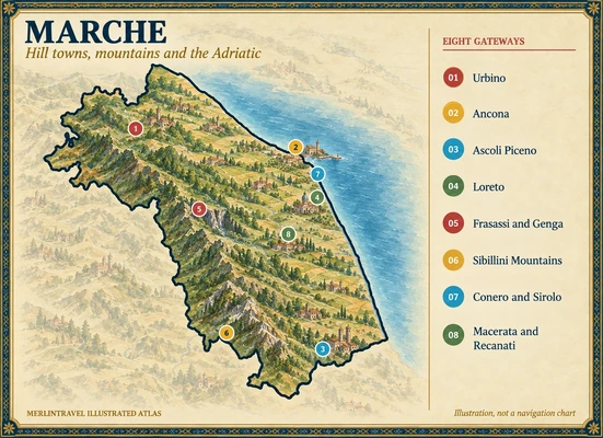 Illustrated map of Marche with eight numbered Merlintravel gateways