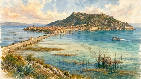 Original documentary watercolour of Orbetello lagoon, causeway, fishing structures, Monte Argentario and Porto Ercole forts