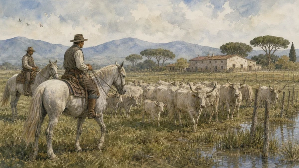 Original documentary watercolour of two butteri guiding Maremmana cattle across working pasture near Alberese