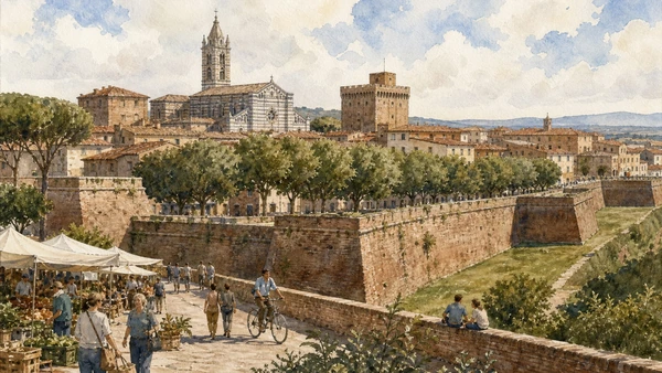 Original documentary watercolour of Grosseto's ramparts, cathedral, Cassero, market and contemporary civic life
