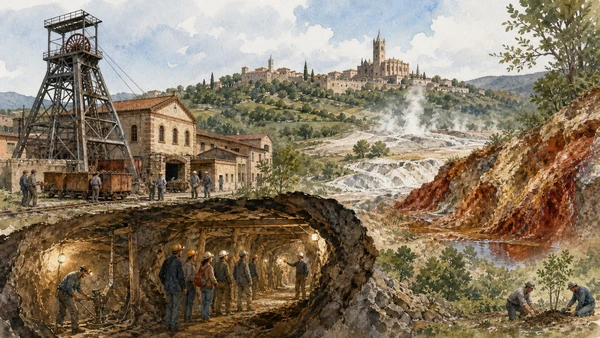 Original documentary watercolour of a Gavorrano mine, guided gallery, mineral outcrops, geothermal steam and Massa Marittima
