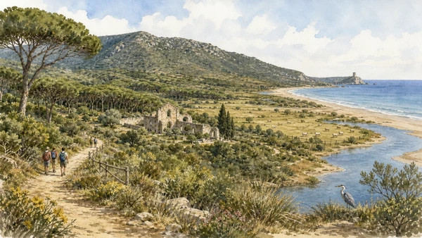 Original documentary watercolour of Uccellina hills, San Rabano, the Ombrone mouth, pasture and protected Maremma coast