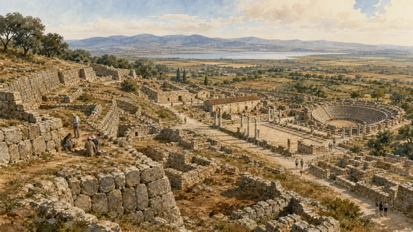 Original documentary watercolour of Roselle's Etruscan walls, Roman forum and amphitheatre above the Maremma plain