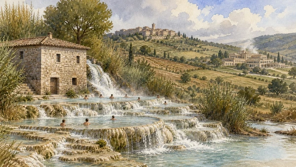 Original documentary watercolour of Saturnia's mineral cascade, old mill, bathers and distant managed spa landscape