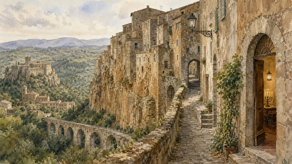 Original documentary watercolour of Pitigliano on its tuff cliff with Sovana and Sorano set in the surrounding plateau