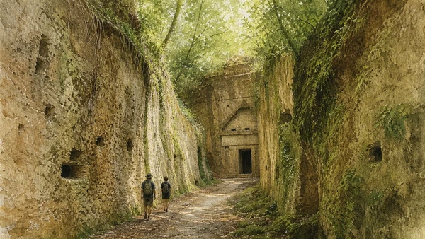 Original documentary watercolour of hikers inside a deep Etruscan Via Cava approaching a rock-cut tomb near Sovana