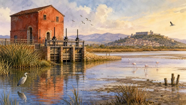 Original documentary watercolour of Casa Rossa Ximenes, sluices, reeds and waterbirds in the Diaccia Botrona reserve