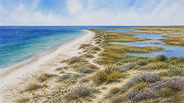 Documentary watercolour of Capo Feto's flat sandy coast with turquoise sea, low dunes, seasonal pools, reeds and small spring flowers
