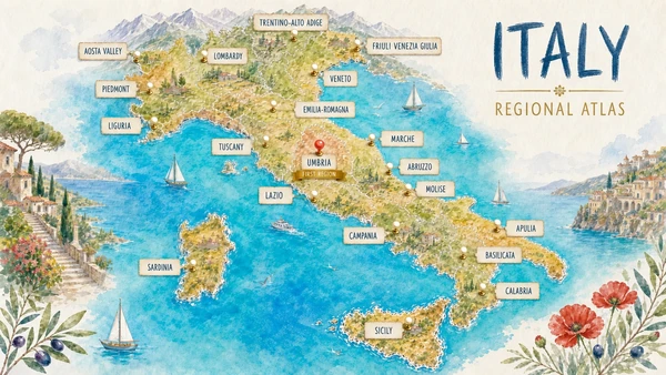Painted map of Italy divided into its twenty regions