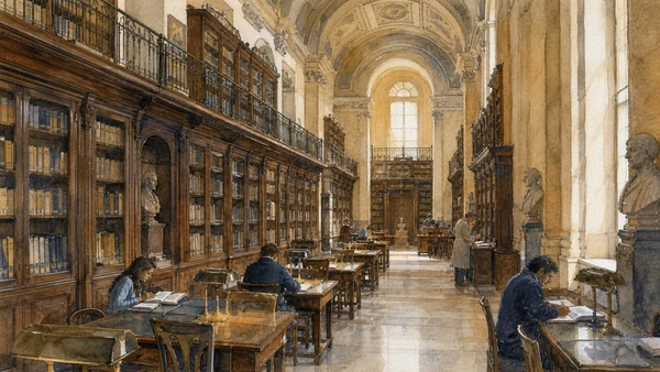 Original documentary watercolour of Biblioteca Nazionale Braidense: books inside the institutional palace in Milan · Lombardy, showing accurate architecture, landscape, people and present-day use