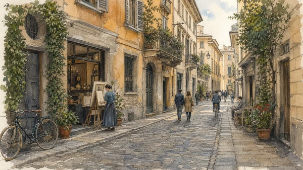 Original documentary watercolour of Brera streets: residence, workshops and cultural branding in Milan · Lombardy, showing accurate architecture, landscape, people and present-day use