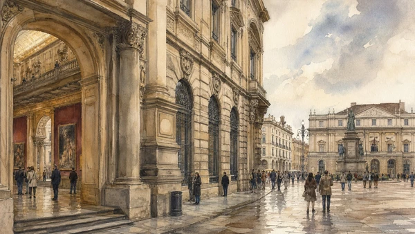 Original documentary watercolour of Gallerie d'Italia and Piazza Scala: banking collections in civic space in Milan · Lombardy, showing accurate architecture, landscape, people and present-day use
