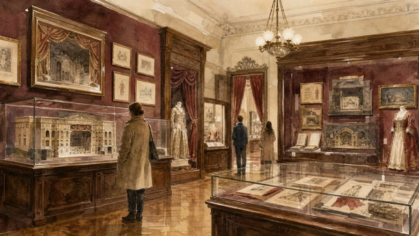 Original documentary watercolour of Museo Teatrale alla Scala: objects, artists and theatre memory in Milan · Lombardy, showing accurate architecture, landscape, people and present-day use