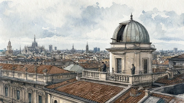 Original documentary watercolour of Brera Observatory: measurement above the city in Milan · Lombardy, showing accurate architecture, landscape, people and present-day use