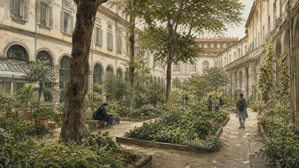 Original documentary watercolour of Orto Botanico di Brera: scientific study in a hidden garden in Milan · Lombardy, showing accurate architecture, landscape, people and present-day use