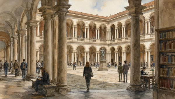 Original documentary watercolour of Palazzo Brera: one building, many institutions in Milan · Lombardy, showing accurate architecture, landscape, people and present-day use