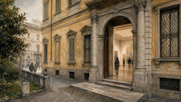 Original documentary watercolour of Palazzo Citterio: modern collections within Grande Brera in Milan · Lombardy, showing accurate architecture, landscape, people and present-day use
