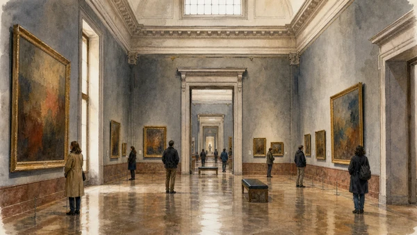 Original documentary watercolour of Pinacoteca di Brera: collection, state formation and display in Milan · Lombardy, showing accurate architecture, landscape, people and present-day use