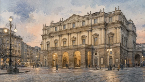 Original documentary watercolour of Teatro alla Scala: performance behind a restrained façade in Milan · Lombardy, showing accurate architecture, landscape, people and present-day use