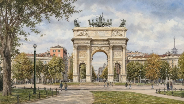 Original documentary watercolour of Arco della Pace: changing regimes on one ceremonial axis in Milan · Lombardy, showing accurate architecture, landscape, people and present-day use